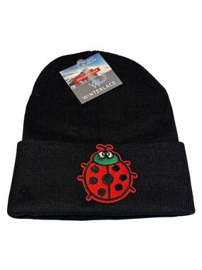 Winterlace Black Knit Beanie with Red Ladybug Patch